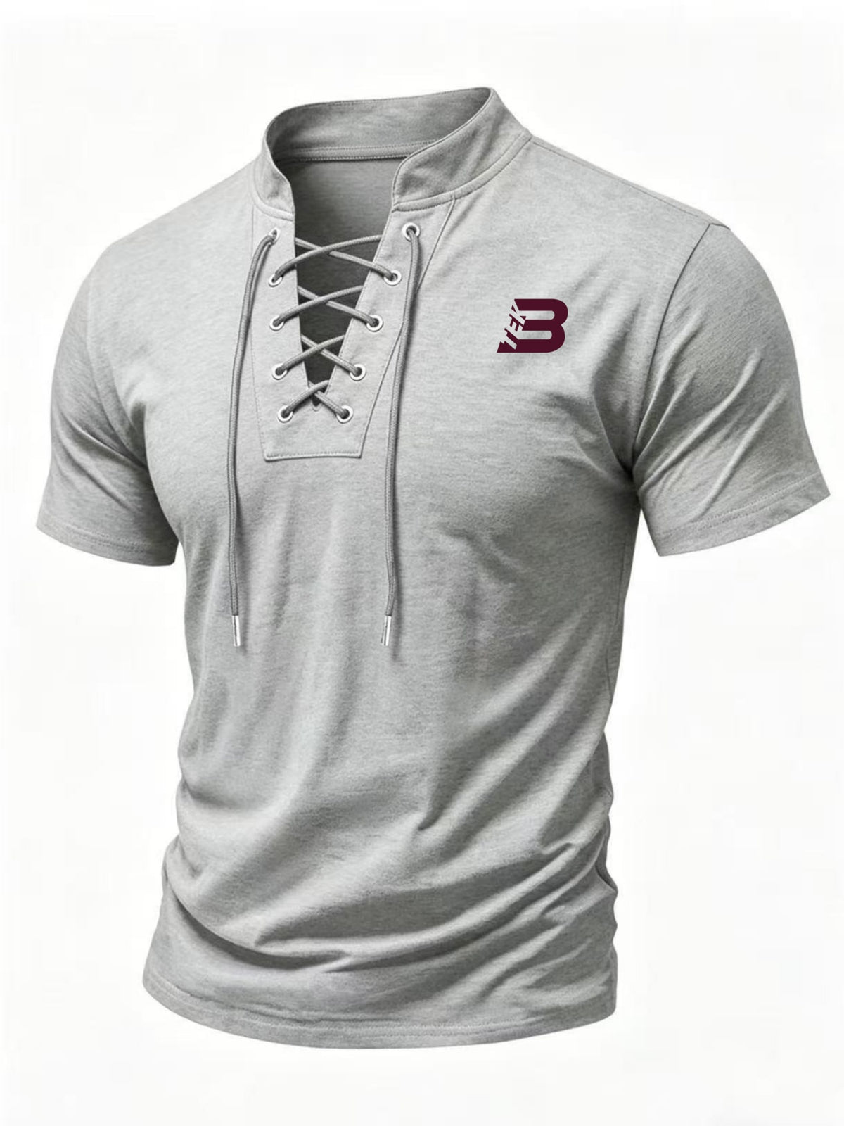 Summer Men'S Retro Stand-Up Collar Tie Short-Sleeved T-Shirt, Easy THE B Letter Print Slim Fit Casual Versatile Base Shirt - Light Grey