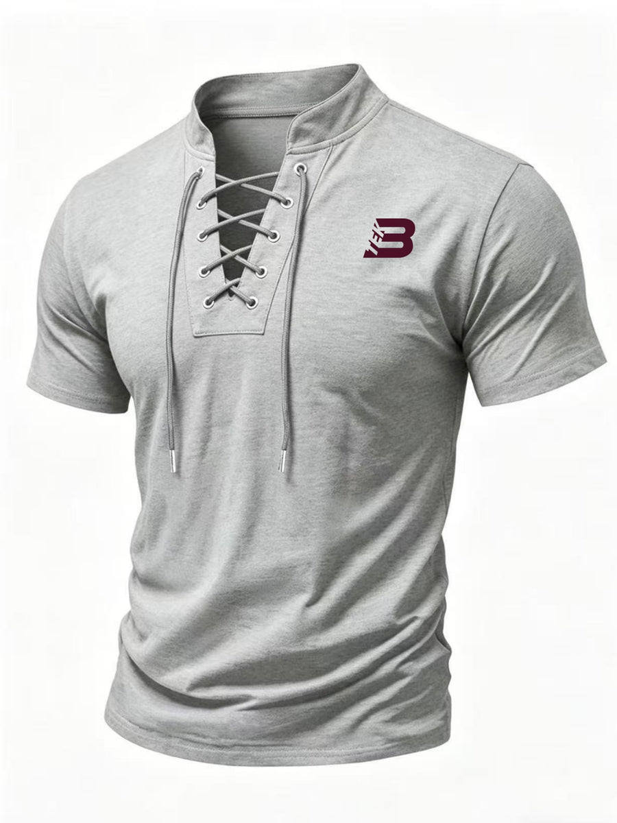 Summer Men'S Retro Stand-Up Collar Tie Short-Sleeved T-Shirt, Easy THE B Letter Print Slim Fit Casual Versatile Base Shirt - Light Grey