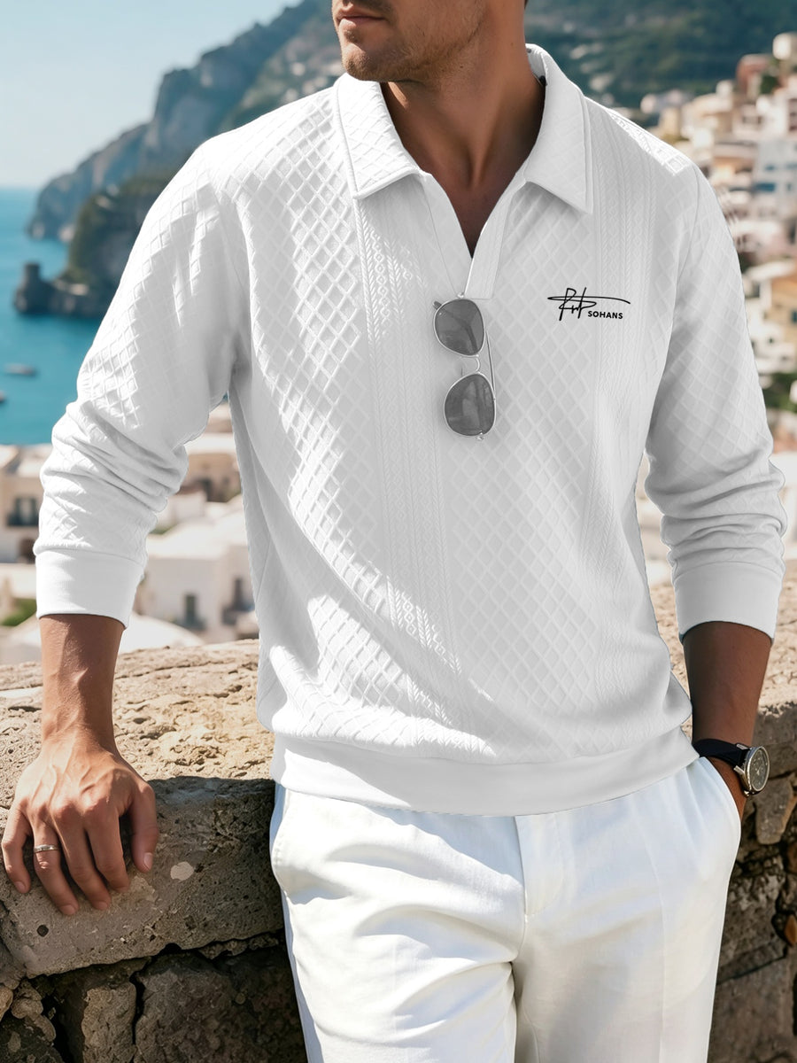 Men's New Rhombus Long Sleeve Polo Top, High-End Textured Lapel Pullover, Versatile Outerwear for Daily Commuting (Random Texture) - White