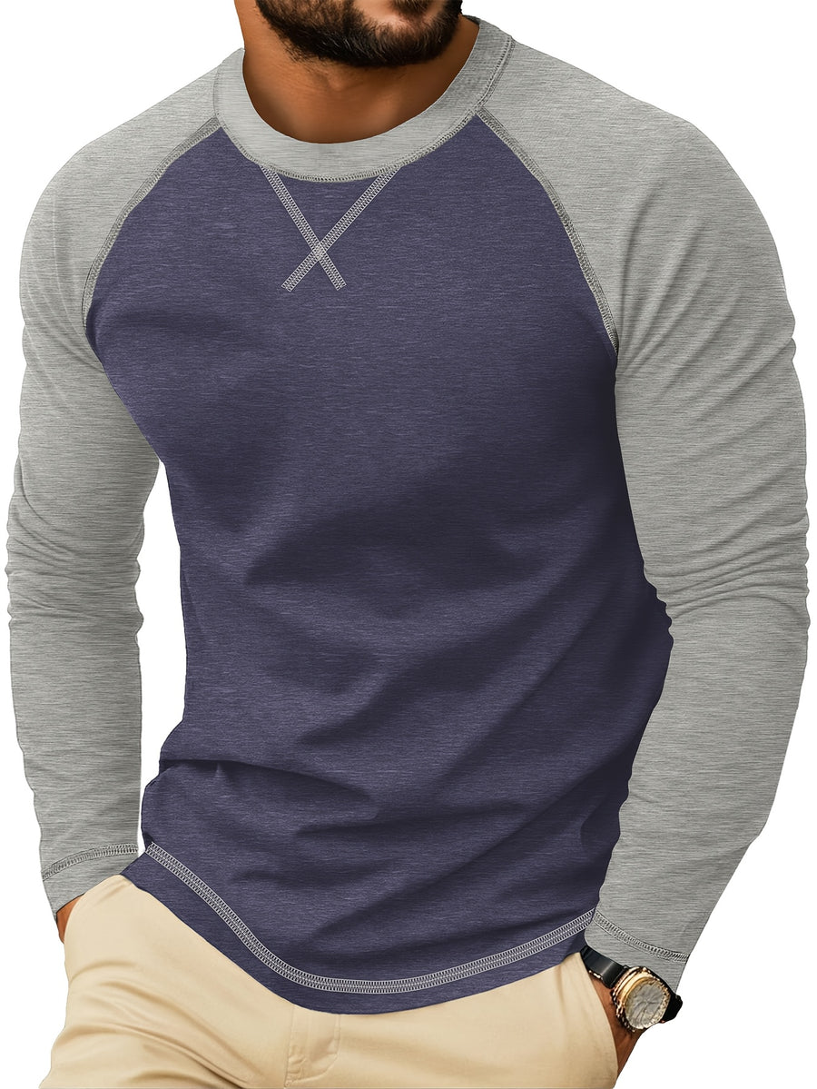 Cross-Border Men'S Long Sleeve Round Neck T-Shirt, Export European And American Men'S Clothing Color-Block Top Base Layer - Dark Blue With Light Gray