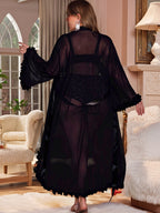 Plus Size French Sexy Mesh Lace Robe Set, Ruffled Cuffs Tie-Front Robe, Deep V Lace Bra High-Waist Tummy Control Lace Shorts, Home Casual Pajamas Lightweight Breathable Comfortable Atmospheric, Lace Lingerie 3pcs Set, Sexy Home Wear Set - Black