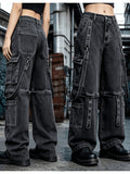 Dark Techwear Style Wide Leg Cargo Denim Jeans Street Subculture Outfit Daily Casual - Dark Gray