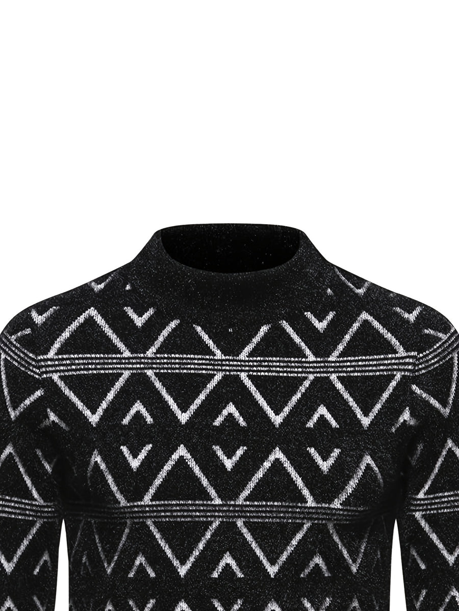 SENMEIGUO 2026 Autumn/Winter New Fashionable Jacquard Men'S Half High Collar Knitted Sweater, Color Contrasting Casual Warm Top - Black