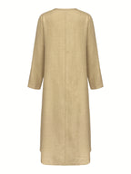 Women's Casual V-Neck Long Sleeve Solid Color A-Line Loose Fit Maxi Dress - Apricot