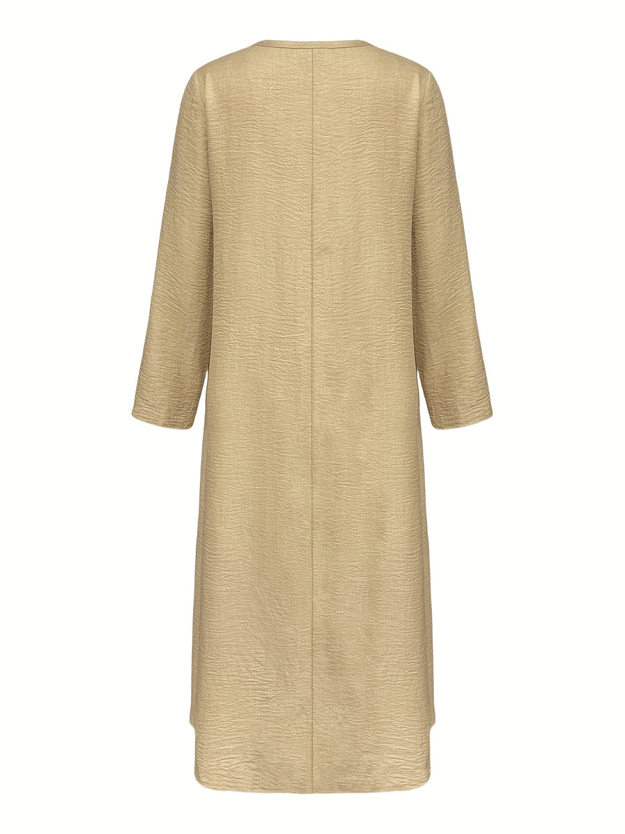 Women's Casual V-Neck Long Sleeve Solid Color A-Line Loose Fit Maxi Dress - Apricot