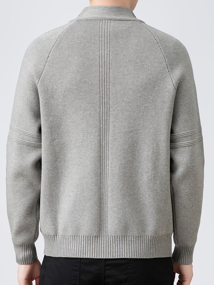 [Dulinglan OBM] Spring/Autumn New Men'S Knit Cardigan, Old Money Style Solid Striped Open Collar Stand-Up Collar Zipper Knit Cardigan Men'S Business Casual Fashion Open Collar Knit Cardigan Top, Suitable for Spring, Autumn - Grey