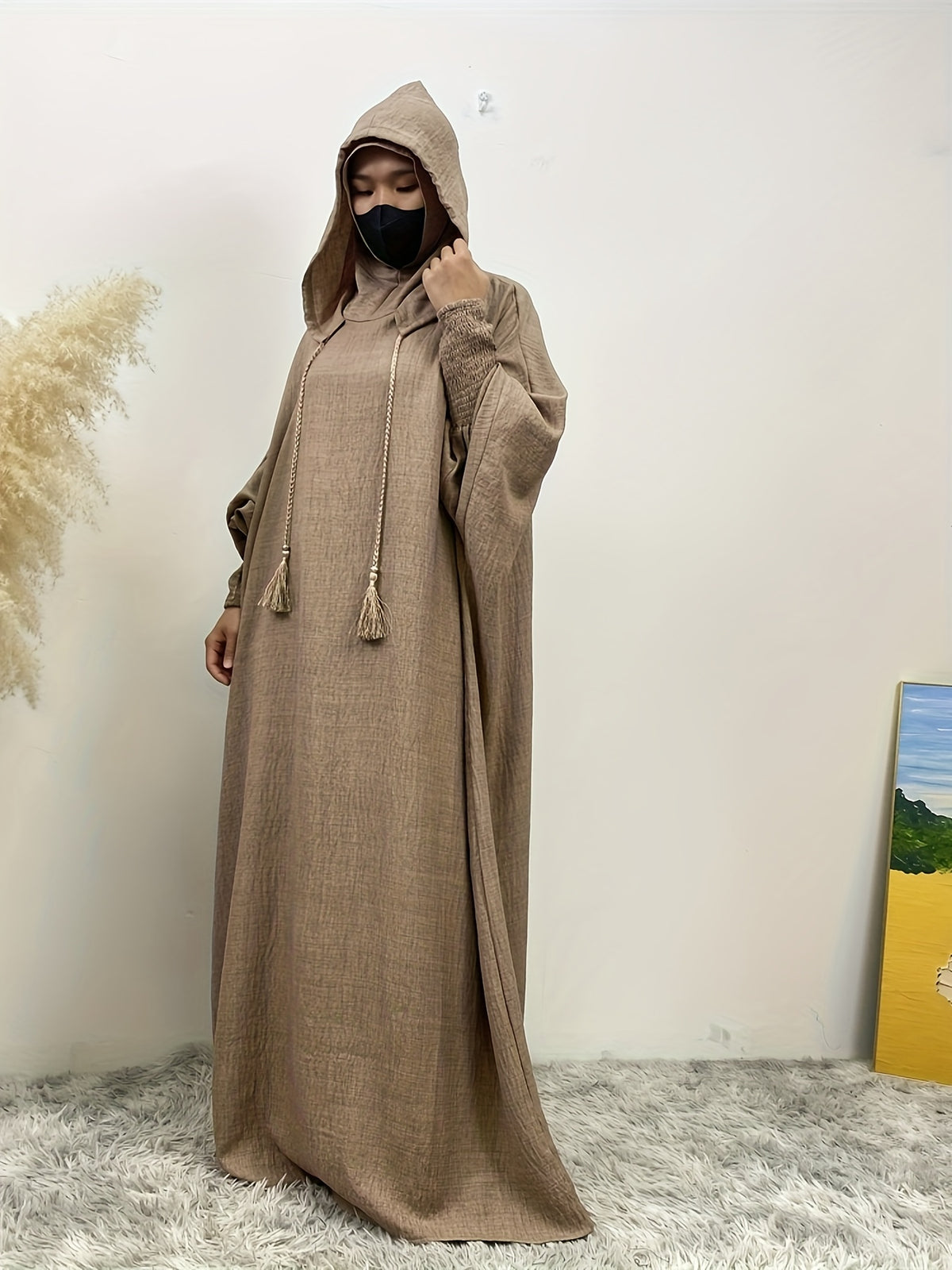 Fashionable Muslim Batwing Sleeve Hooded Abaya Casual Hooded Dress - Khaki