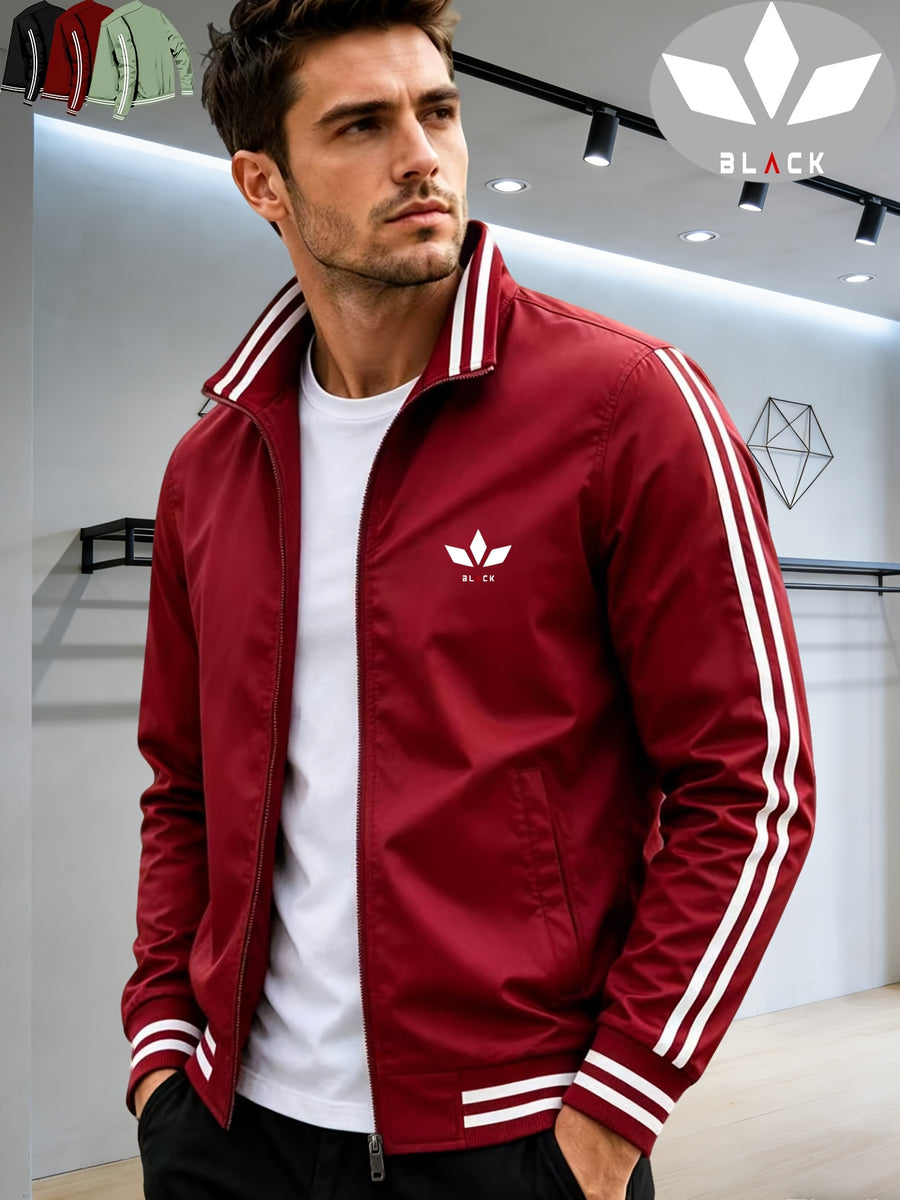 Men's Spring/Autumn Stand Collar Baseball Jacket with "BLACK" Lettering and Diamond Pattern Print, Zipper Front with Contrast Stripes, Lightweight Casual Windproof Sports Jacket - Burgundy