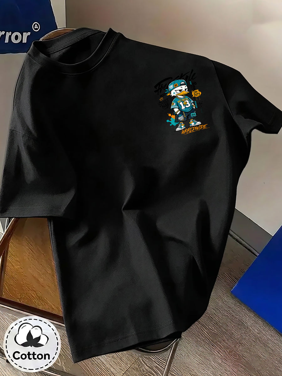 Pure Cotton Crew Neck T-Shirt, Unisex, Trendy Cool Duck, No. 13 Jersey, Multi-Element Badge, Double-Sided Front and Back Print with Letters, Breathable and Non-Sticky Back, Casual and Versatile, Suitable for Commuting, Sports, Outdoor Travel - Black