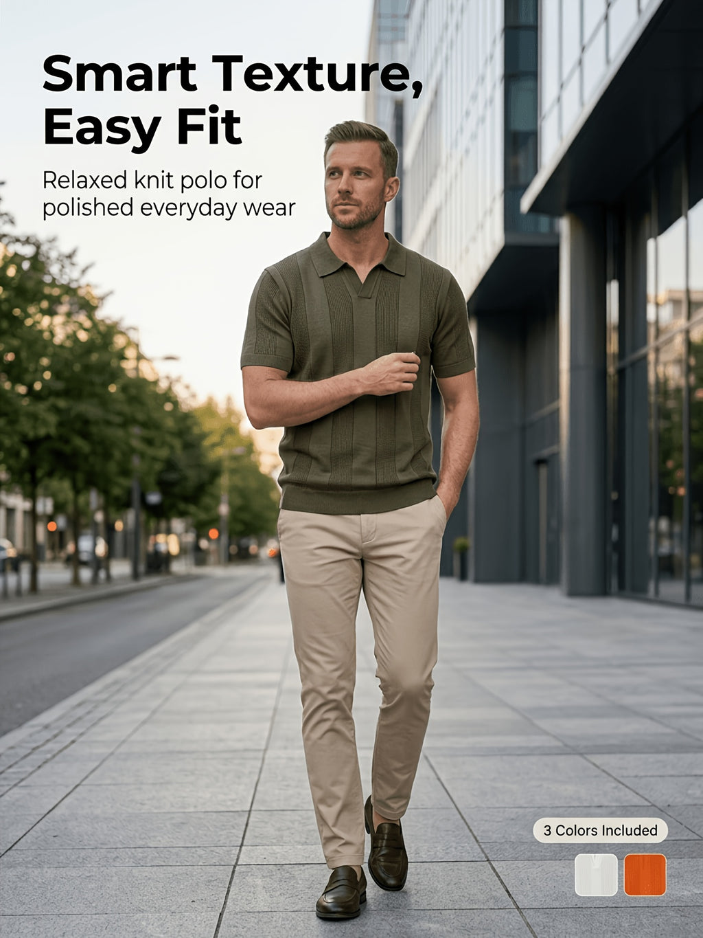 Men'S 3pcs Old Money Johnny Collar Vertical Textured Knit Polo Shirts, Breathable Casual Short Sleeve Tops, Multi-Color Set for Business Golf Vacation Summer Wear - White-Green-Orange-White