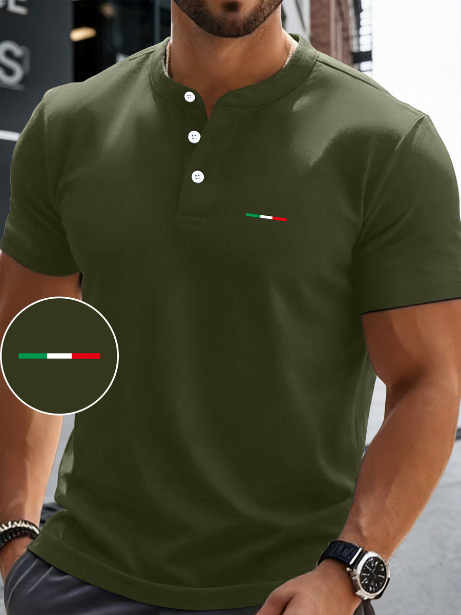 Men's Summer Short-Sleeve Henry Button-Front Shirt - Breathable Round Neck T-Shirt Suitable for Outdoor & Daily Wear, Casual Button Collar Blouse Style Top, Machine Washable Regular Fit for Warm Weather Wardrobe - Olive Green