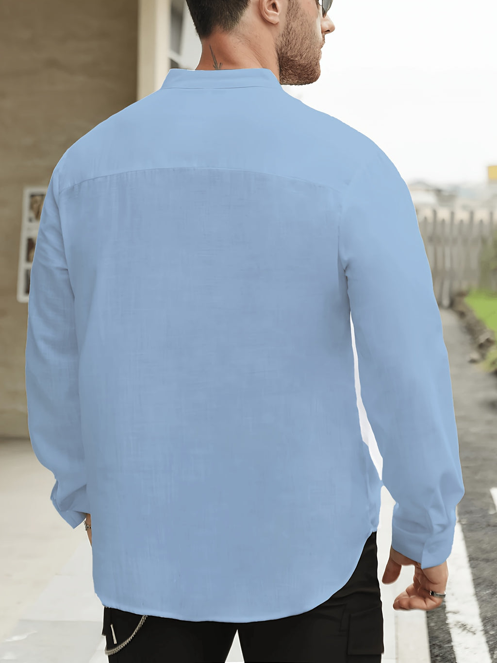 Men'S Solid Color Stand Collar Linen Long Sleeve (2-Pc), Breathable And Comfortable, Suitable for Spring And Autumn Wear - Sky Blue+Khaki