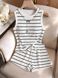 Women's Striped Crew Neck Tank Top and Drawstring Waist Shorts Casual 2pcs Set - White