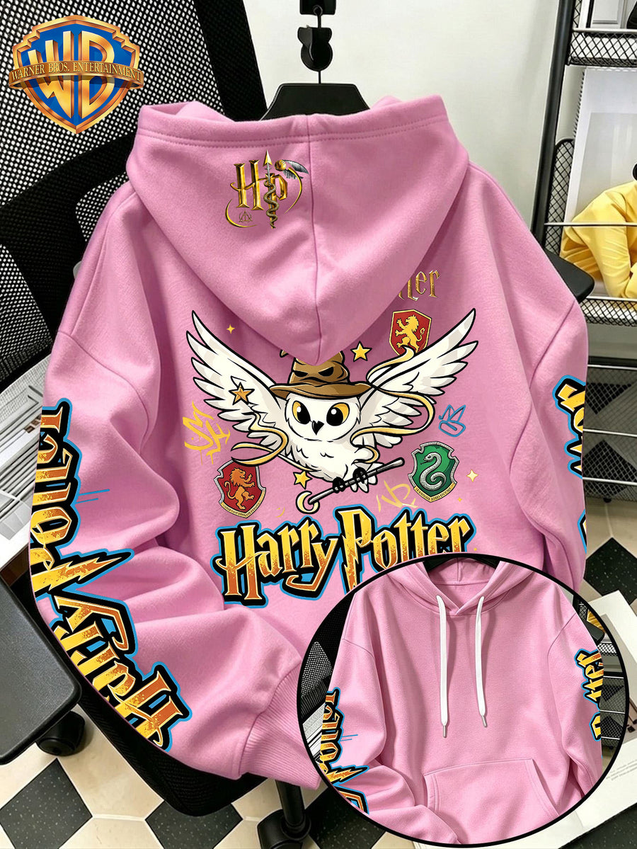 Warner Bros Official 1pc Vintage Golden Pattern Magic Owl Trendy Casual Hoodie - Men's Fashion Hoodie, Adjustable Drawstring Loose and Comfortable Sweatshirt, Suitable for Daily and Outdoor Sports Wear, the Perfect Choice for Warmth in Autumn - Pink Color