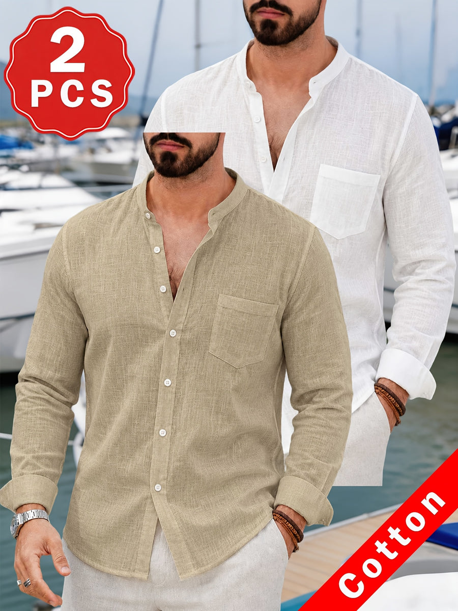 Pc of 2 Mens Plain Long Sleeve Button Shirts with Mandarin Collar & Distinct Chest Pocket, Lightweight Airy Sweat-Wicking Casual Tops, Versatile for Office Work, Holidays, Daily Outings & Home Regular Fit Spring Summer Office Work Holiday - Khaki+White