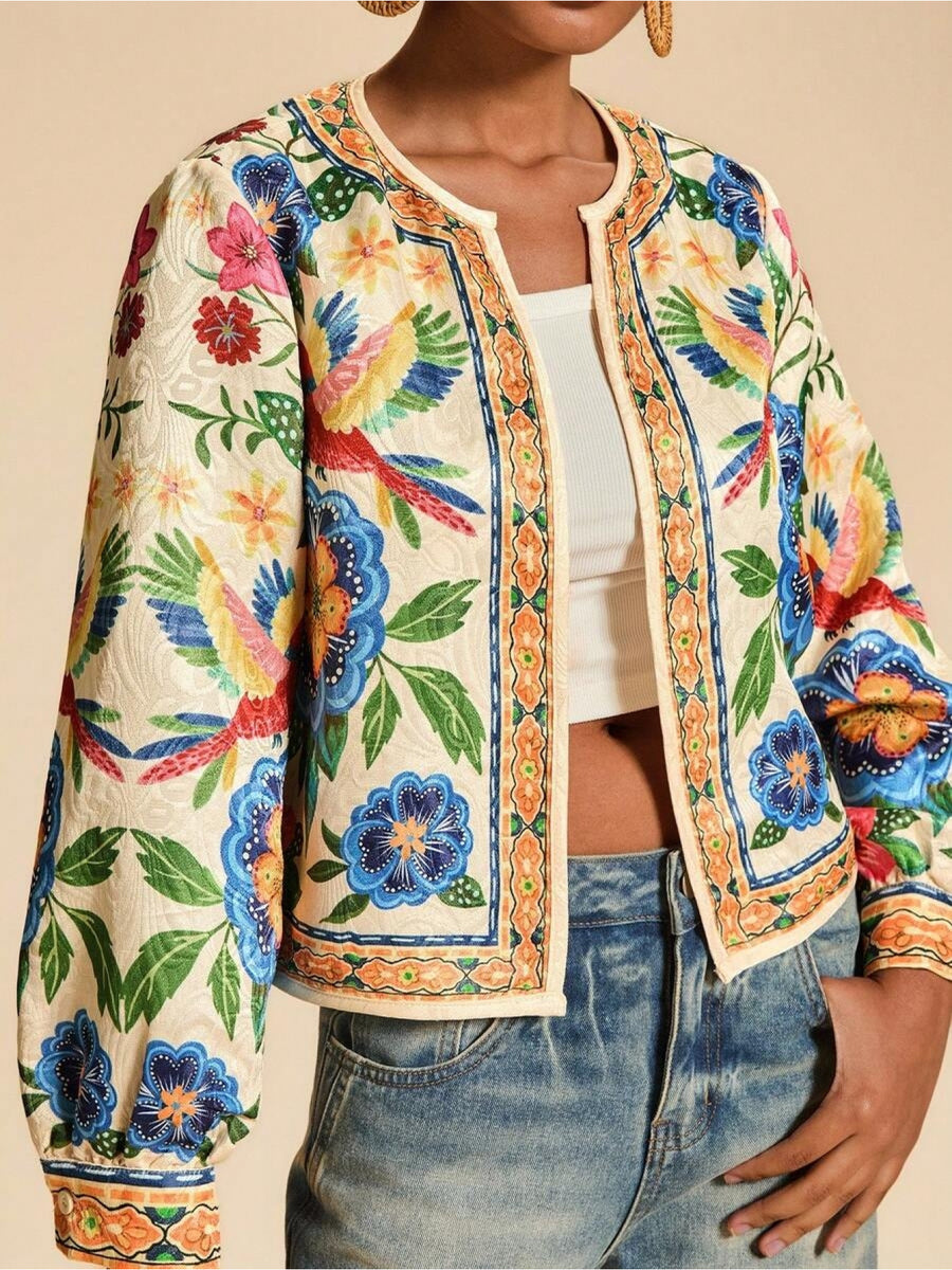 Floral Print Casual Jacket for Women, Open Front Light Beige Boho Autumn Vacation Holiday Wear, New Year Look Western Style Tropical Summer - Multicolor