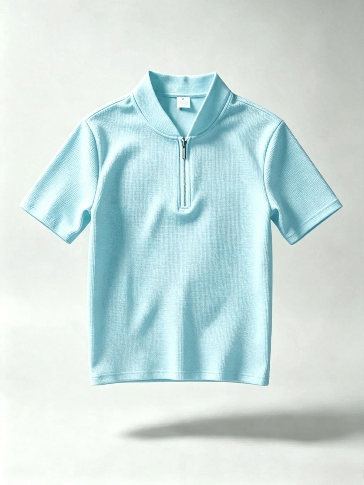 Men'S Waffle Half-Zip Stand Collar T-Shirt, Easy Vertical Stripe Paris Letter Print Loose Summer Casual Short Sleeve Top - Sky Blue