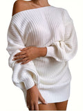 Women'S Sweater Dress, Sexy Off-Shoulder Long Lantern Sleeve Casual Loose Soft Easy Pullover Dress - White