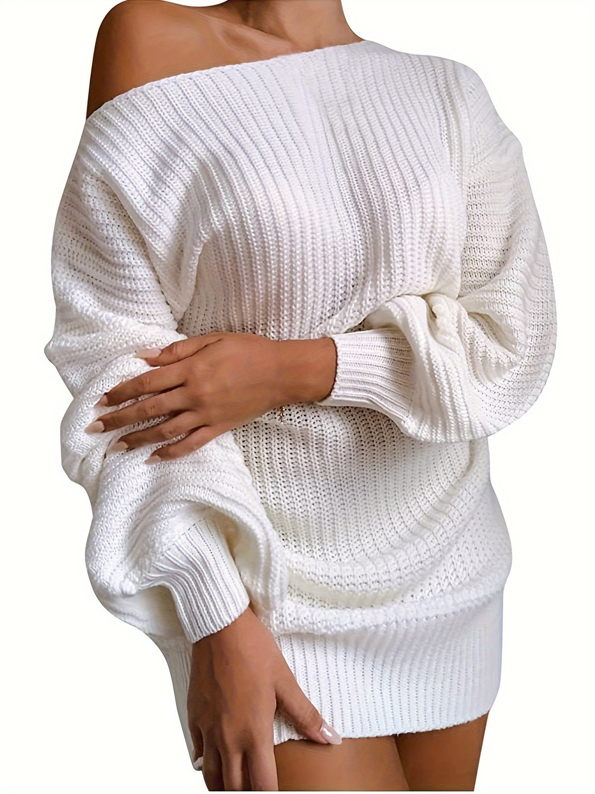 Women'S Sweater Dress, Sexy Off-Shoulder Long Lantern Sleeve Casual Loose Soft Easy Pullover Dress - White