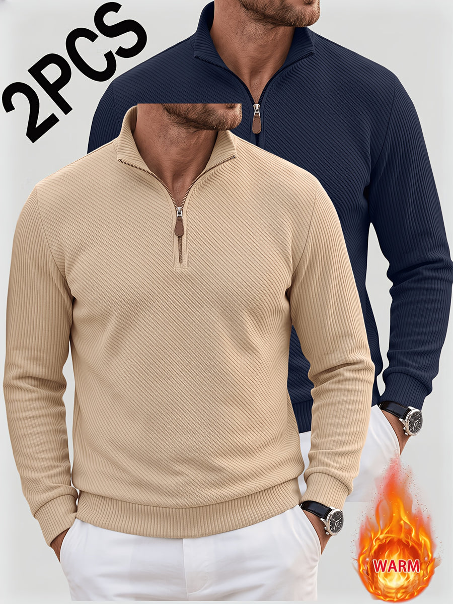 2pcs Men'S Autumn Winter New Corduroy Textured Half-Zip Stand Collar Knit Sweater Set, Light Luxury Long Sleeve Elastic Ribbed Base Layer Business Casual Inner Outerwear; Daily Commute, Home Entertaining, Camping Dating Scenarios - Khaki+navy Blue