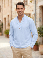 Men'S Pure Casual Long Sleeve Henley Shirt Linen Texture Old Money Style Solid Color Button-Up Top Spring Fall Moisture-Wicking Breathable Comfortable Long Sleeve T-Shirt - Sky Blue