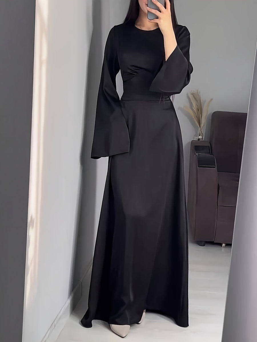 Women'S Elegant Temperament Long Back-Tie Long Sleeve Dress - Black