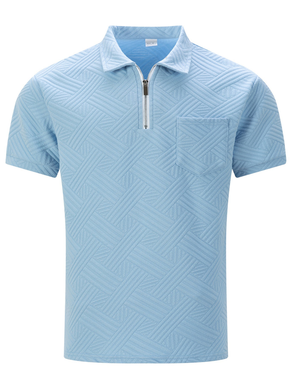 Men'S Twill Embossed Jacquard Half-Zip Polo Shirt, Lapel Short-Sleeve Casual Top with Single Chest Pocket, Lightweight & Breathable Men'S T-Shirt for Daily Summer Wear, Business Occasions And Golf - Sky Blue