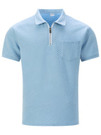 Men'S Twill Embossed Jacquard Half-Zip Polo Shirt, Lapel Short-Sleeve Casual Top with Single Chest Pocket, Lightweight & Breathable Men'S T-Shirt for Daily Summer Wear, Business Occasions And Golf - Sky Blue