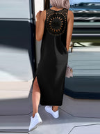 New Summer Back Hollow Lace Trim Solid Round Neck Tank Top Dress Women'S - Black