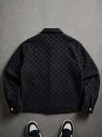 Men'S Black Checkered Jacquard Long Sleeve Shirt, Lapel Button-Up with Pocket, Fashionable Men'S Long Sleeve Shirt, Casual Street Style Outfit - Black