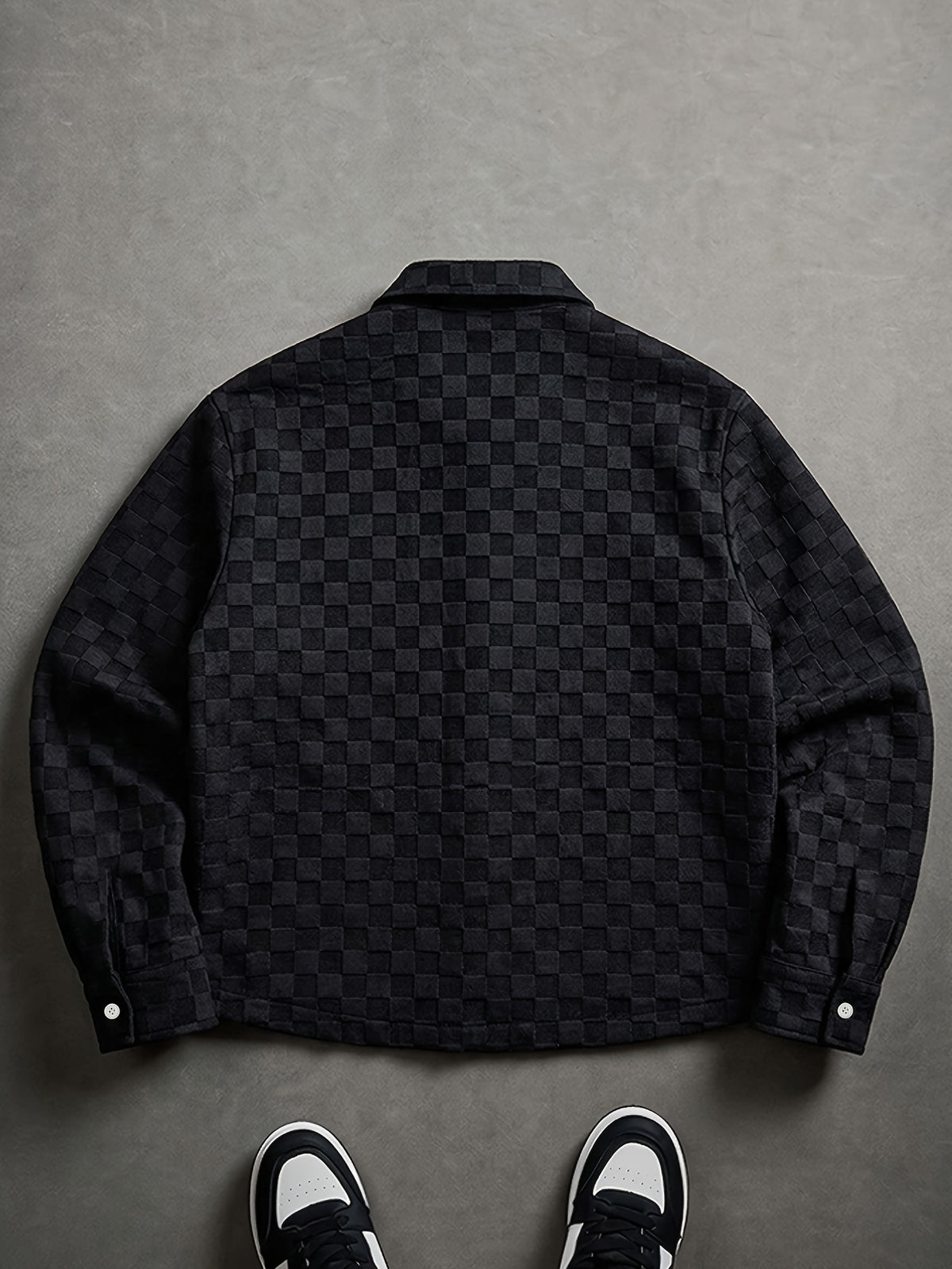 Men'S Black Checkered Jacquard Long Sleeve Shirt, Lapel Button-Up with Pocket, Fashionable Men'S Long Sleeve Shirt, Casual Street Style Outfit - Black