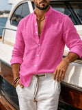 Men'S New Style Faux Linen Stand Collar Button-Up Shirt - Literary, Introverted, Fashionable, Versatile, Relaxed Texture, Trendy Loose Fit - Suitable for Beach, Vacation, Office, Formal And Casual Wear - Rose Red