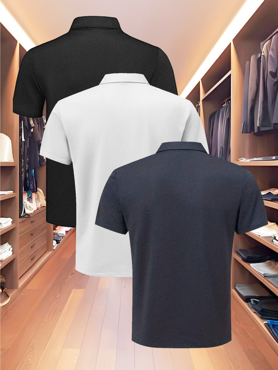 3pcs Value Pc, Summer Short-sleeve Polo Shirt! New Jacquard Fabric, Quick-drying, Lightweight and Breathable, Easy to Wash and Dry Quickly. Men's Color-blocked Cool and Comfortable Polo Shirt with Lapel, for Sports and Casual Wear. Men's Short-sleeve - Black And White