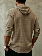 Men'S Fashion Hooded Sweatshirt, Autumn/Winter New Long Sleeve Half-Open Cardigan Top, Niche Small Checkered Jacquard Comfortable Warm Fabric, Solid Color Knit with Hood Craft Trendy Men'S Clothing, New Fabric Craft Design - Khaki