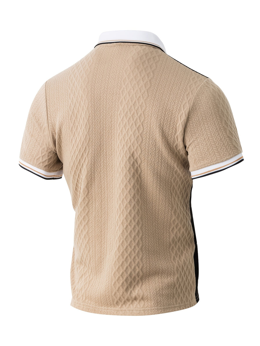 Men's Fashion New Color-Block Polo Shirt with Collar, Jacquard Design, Soft Fabric, Versatile for Outdoor Streetwear and Beach Vacation Outfits - Khaki