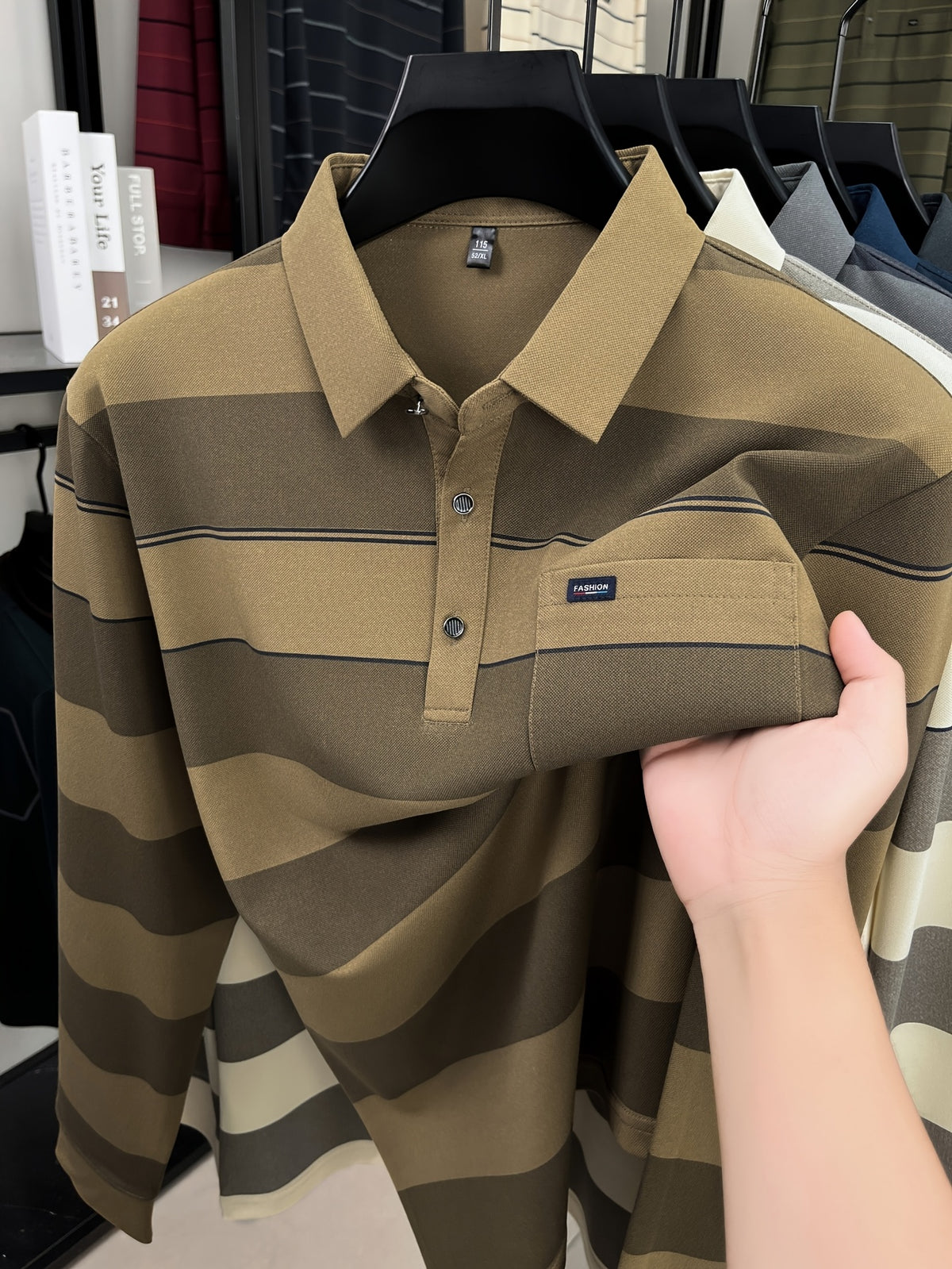 Autumn Men'S Long Sleeve T-Shirt 2026 New Style Wide Stripe Lapel with Real Pockets Casual Long Sleeve POLO Shirt - Khaki