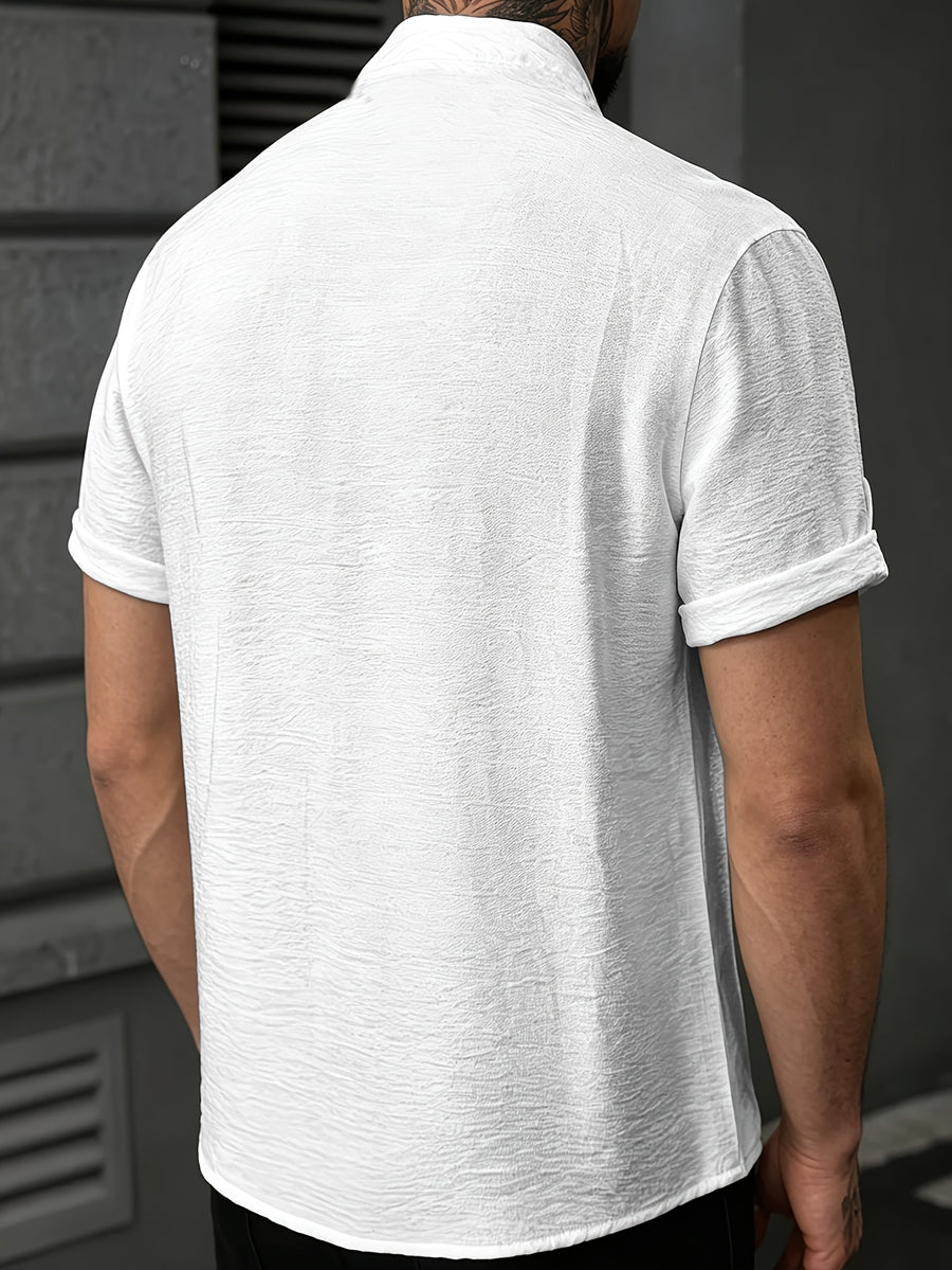 Men'S Stand Collar Pleated Texture Short Sleeve Shirt English Letter Heat Transfer Half-Open Henley Casual Commute Light Mature Style Top - White
