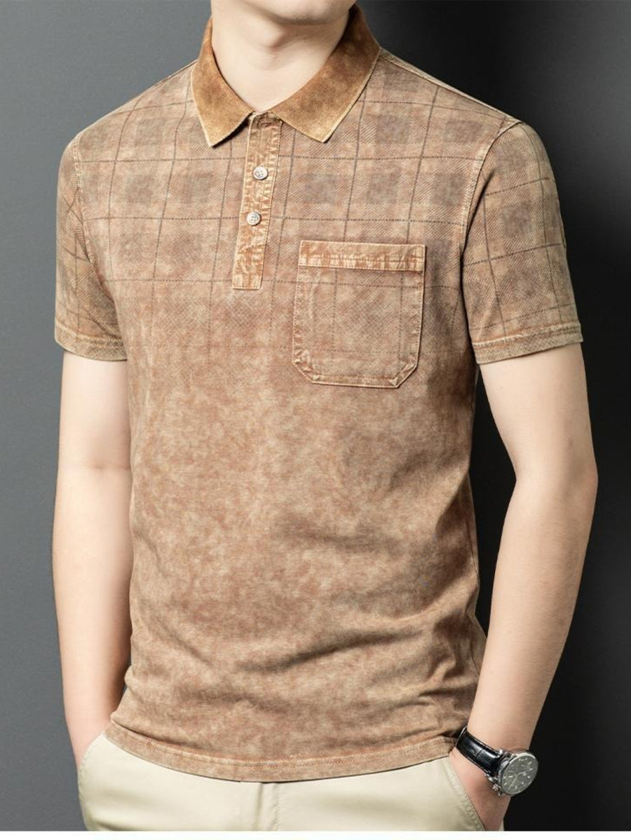 Washed Distressed Denim Texture Polo Shirt, Breathable Sweat-Absorbent Men'S Business Casual Summer Top, Sweat-Resistant - Coffee Color