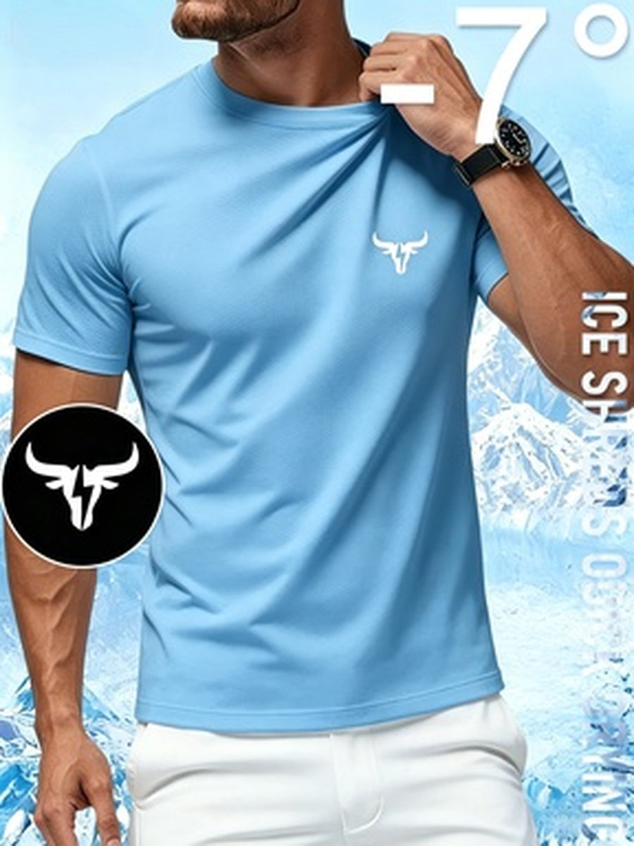 Men'S Ultra-Thin Performance Fitness T-Shirt with Bull Head Pattern, Suitable for Gym, Running, And Outdoor Activities, Breathable And Quick-Dry Round-Neck Sports Top - Sky Blue