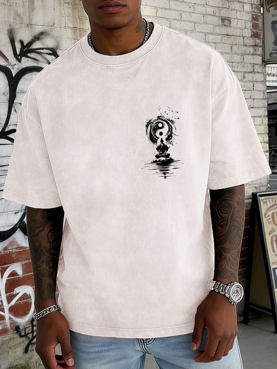 Washed and Distressed Pure Cotton Short-sleeve T-shirt with Trendy Double-sided Print Featuring Tai Chi, Zen, and Meditating Ink Wash Art. Available in 12 Colors for Mix-and-match Styling. Loose-fit Men's Top in High Street Y2K Style - Apricot