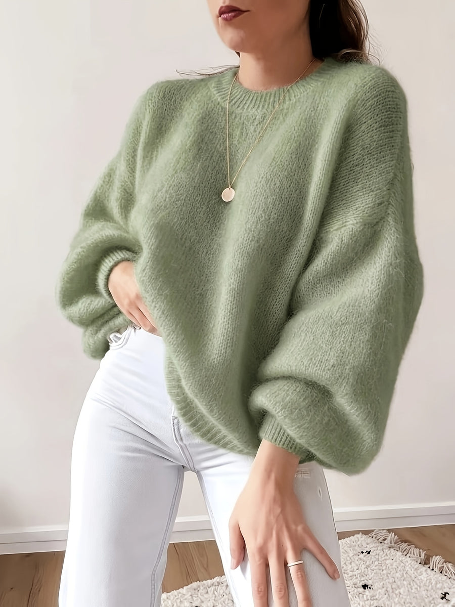 French Lazy Round Neck Sweater Early Autumn Early Winter Oversized Lantern Long Sleeve Women'S Soft Plush Skin-Friendly -Concealing Single Piece Versatile Inner Wear Outer Wear Commute Date Travel Casual Relaxed Atmosphere Pullover Top ASD1 - Green