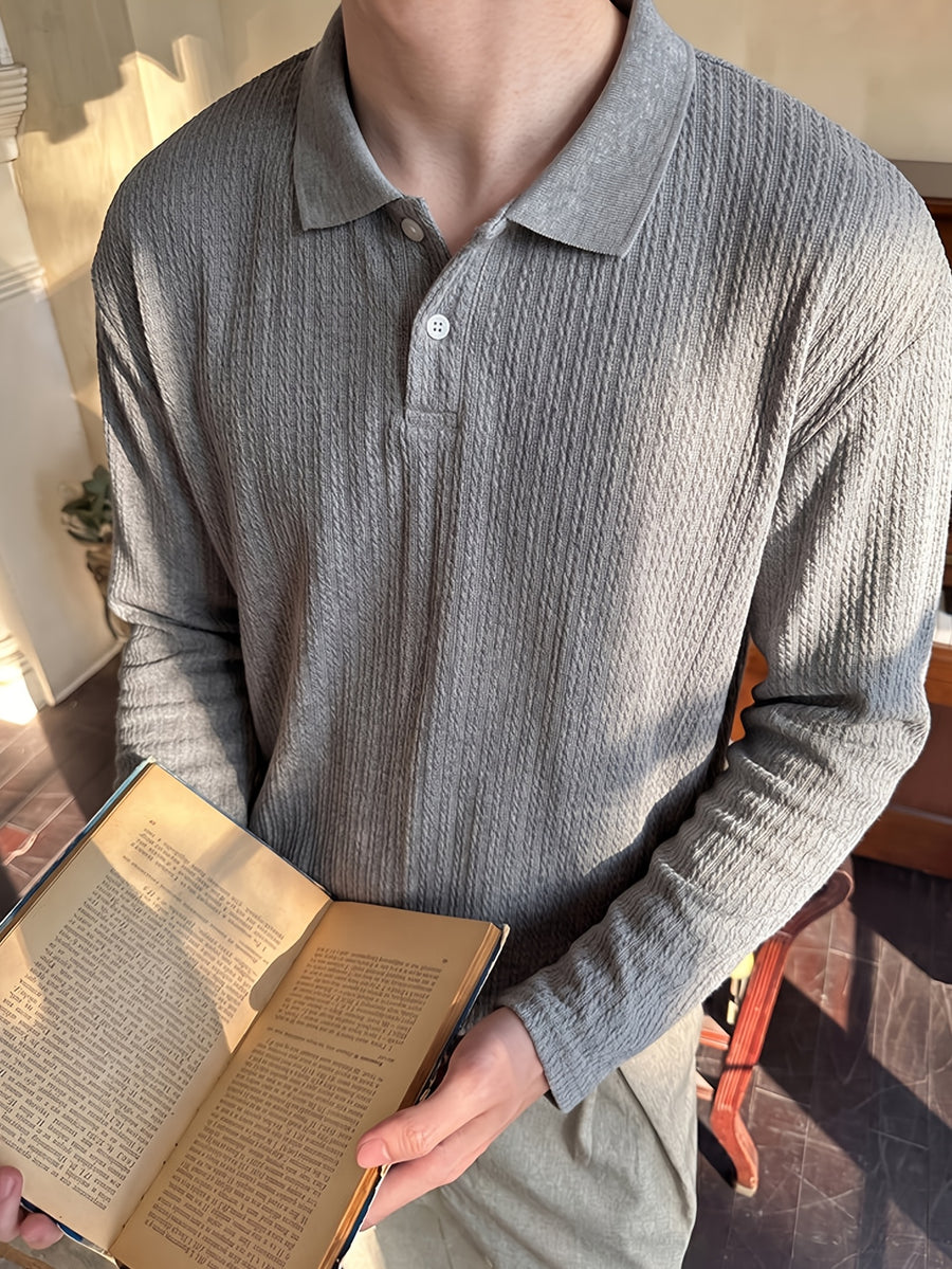 [Pearson OBM] Men'S Light Mature Commuter Vertical Pinstripe Lapel Long Sleeve Polo Shirt, Textured Two-Button Solid Top, Suitable for Spring/Autumn Office Business Date Wear - Grey