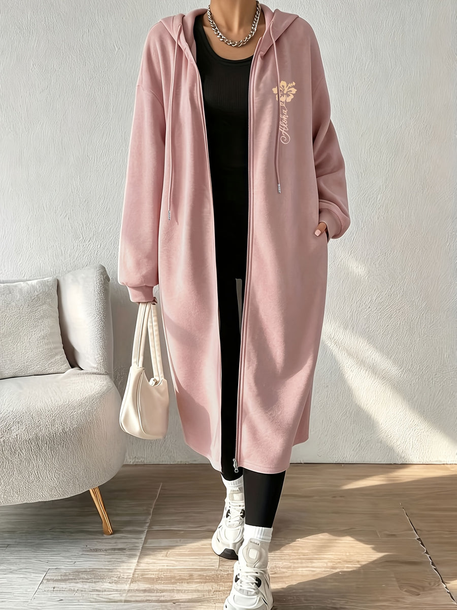 Women'S Fashion Color-Block Jacket Zipper Coat, Floral Letter Pattern Print - Peach