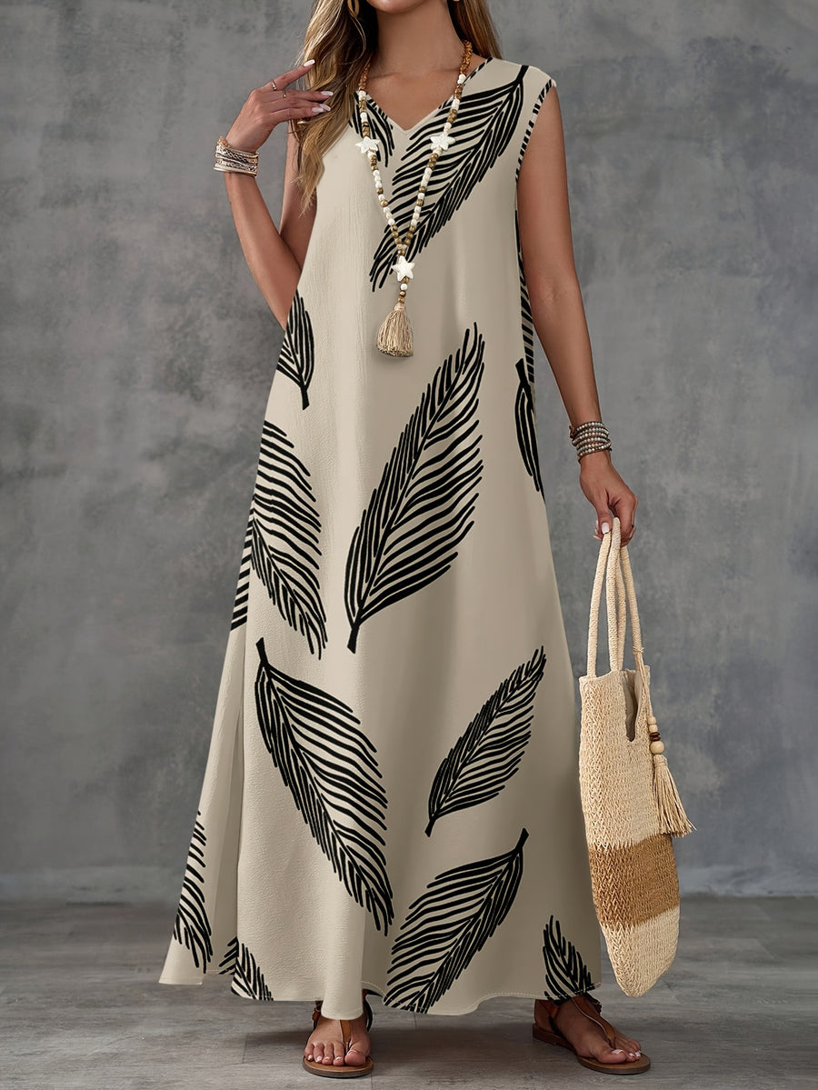 Women's Leaf-pattern V-neck Long Dress, Suitable for Summer Wear - Khaki