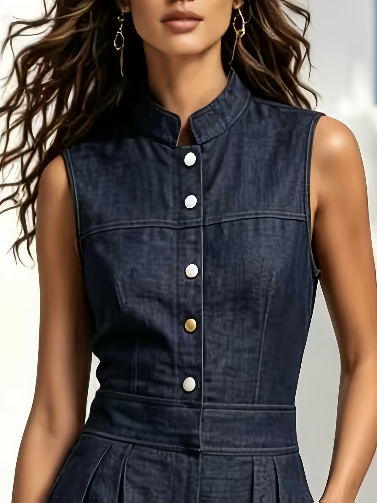 Women'S Sleeveless Stand Collar Jumpsuit, High-Waist Pleated Tapered Leg One-Piece Outfit - Navy Color