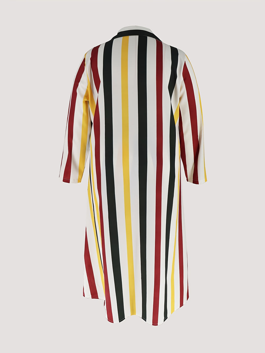 Plus Size Stripe Print Two-piece Set, Collared Button Front Long Sleeve Shirt & Wide Leg Pants Outfits, Women's Plus Size Clothing - White