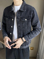Men's Denim Jacket, New Spring/Autumn Collection, Black/Gray, Long Sleeve, Lapel Collar, Youth Regular Fit, Fashionable and Trendy High-End Brand Top Jacket, Street Style - Dark Gray