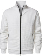 Spring/Autumn New Men's Solid Color Lapel Waffle Knit Long Sleeve Zipper Jacket, Comfortable and Breathable Outdoor Sports Men's Outerwear, Practical Jacket - White