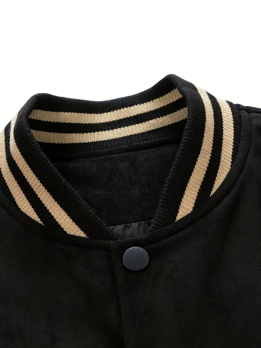 (New in Spring) Unisex, with Letter Embroidery on Chest, Casual And Fashionable, College-Style Baseball Uniform Jacket - Black