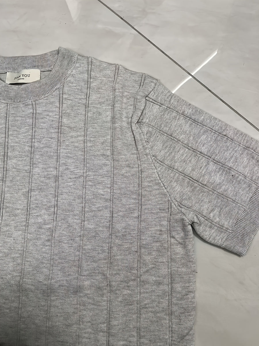 Old Money Style Knit Short Sleeve Men'S Summer Relaxed Round Neck Thick Rib Tencel Blend Half Sleeve Top - Light Grey